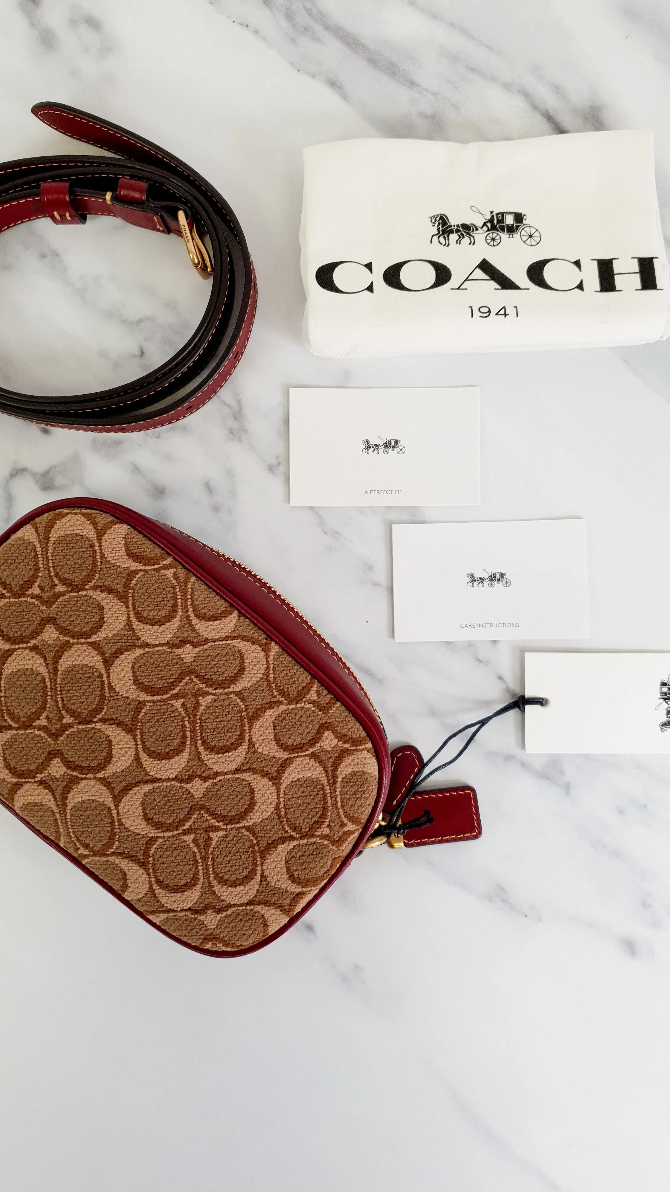 Coach 1941 Belt Bag Camera Bag in Tan Signature & Scarlett Burgundy Smooth Leather - Coach 50728
