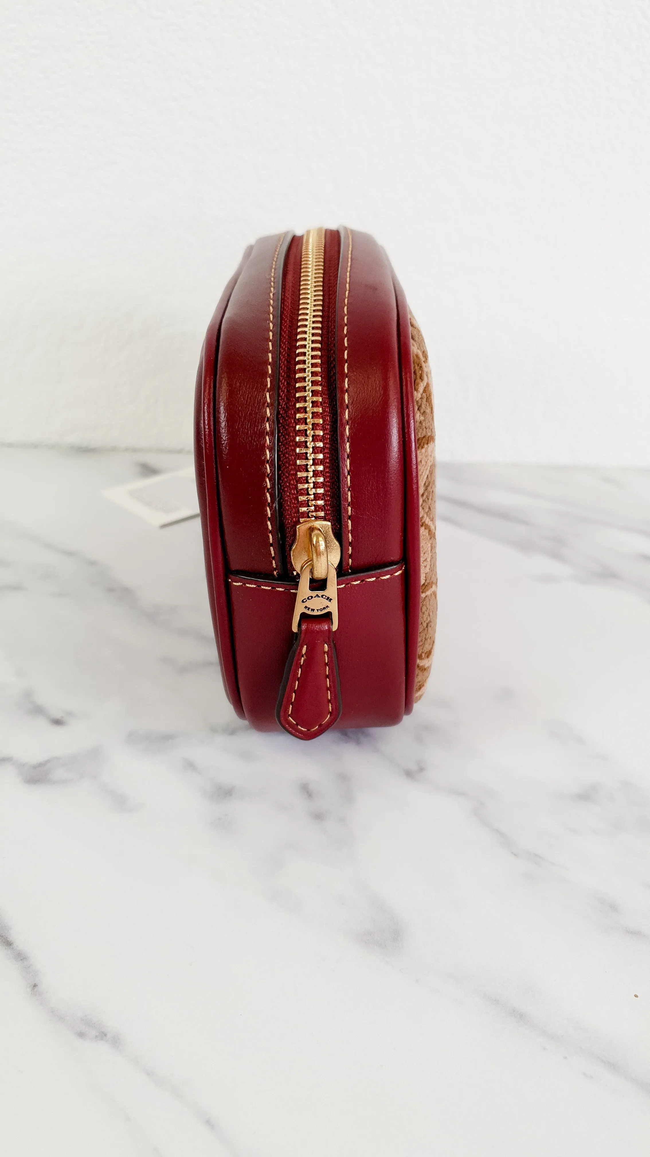 Coach 1941 Belt Bag Camera Bag in Tan Signature & Scarlett Burgundy Smooth Leather - Coach 50728