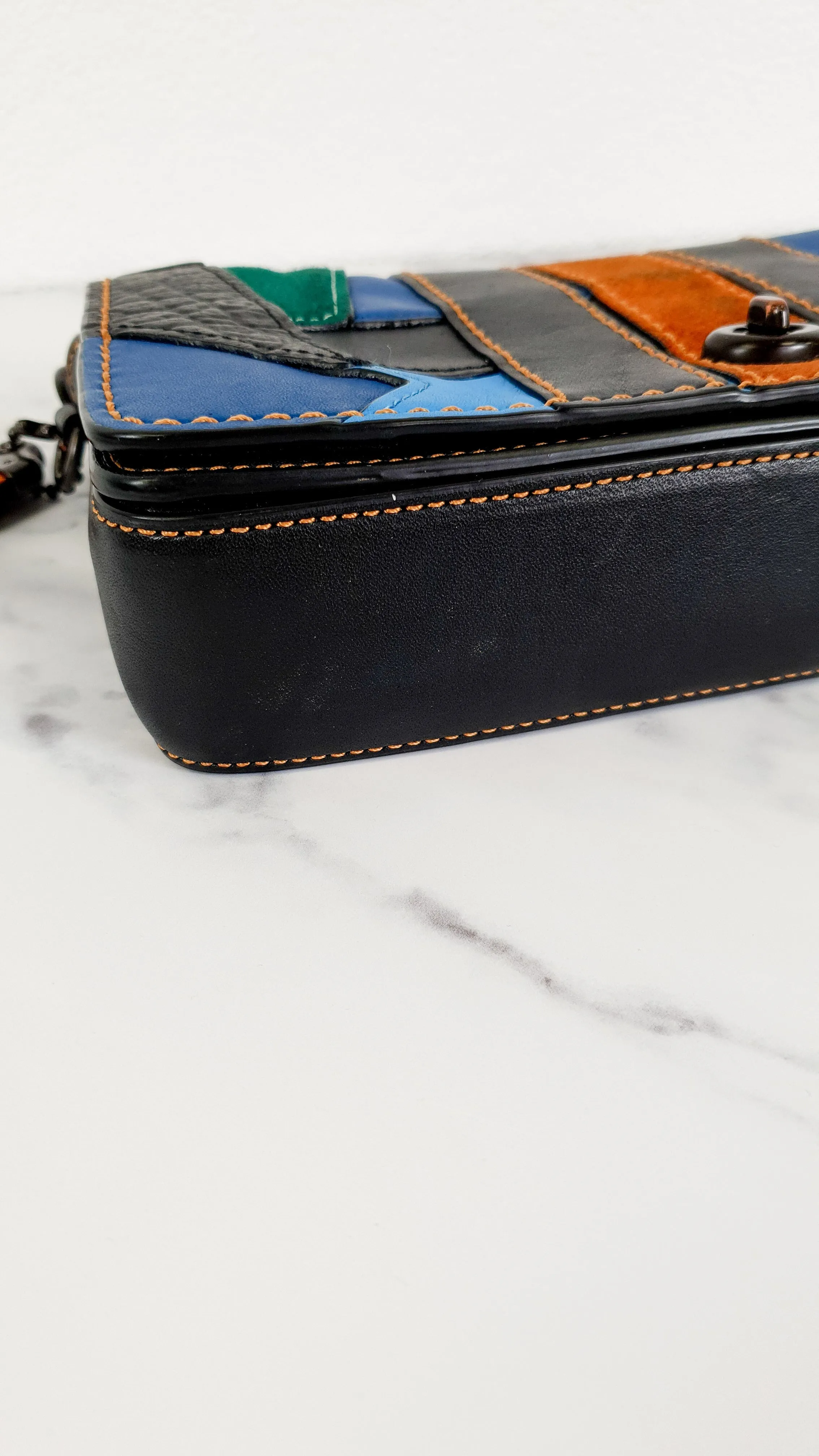 Coach 1941 Dinky Crossbody Bag With Varsity Patchwork Leather & Suede in Black, Green, Blue & Tan - Coach 54540