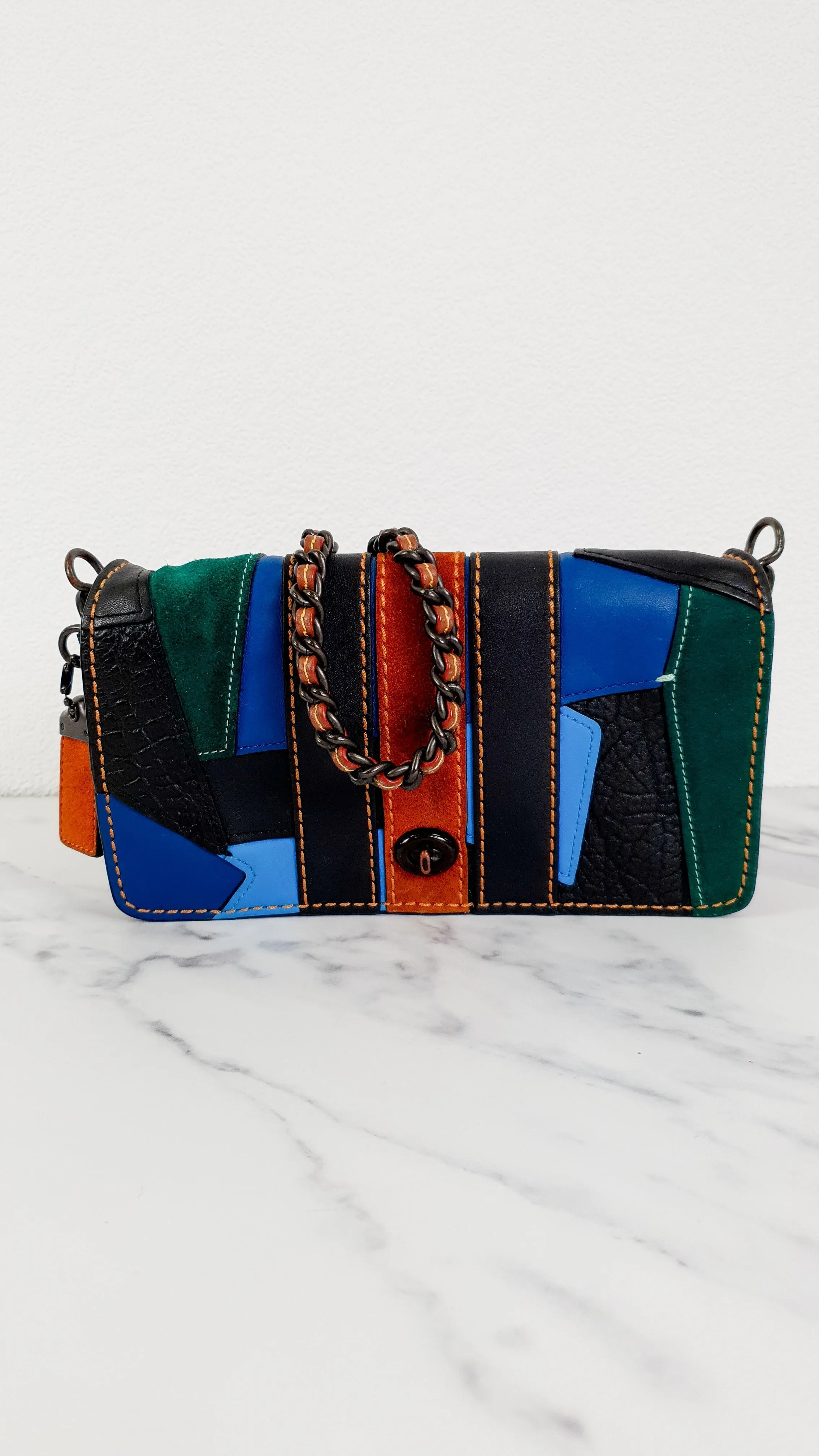 Coach 1941 Dinky Crossbody Bag With Varsity Patchwork Leather & Suede in Black, Green, Blue & Tan - Coach 54540