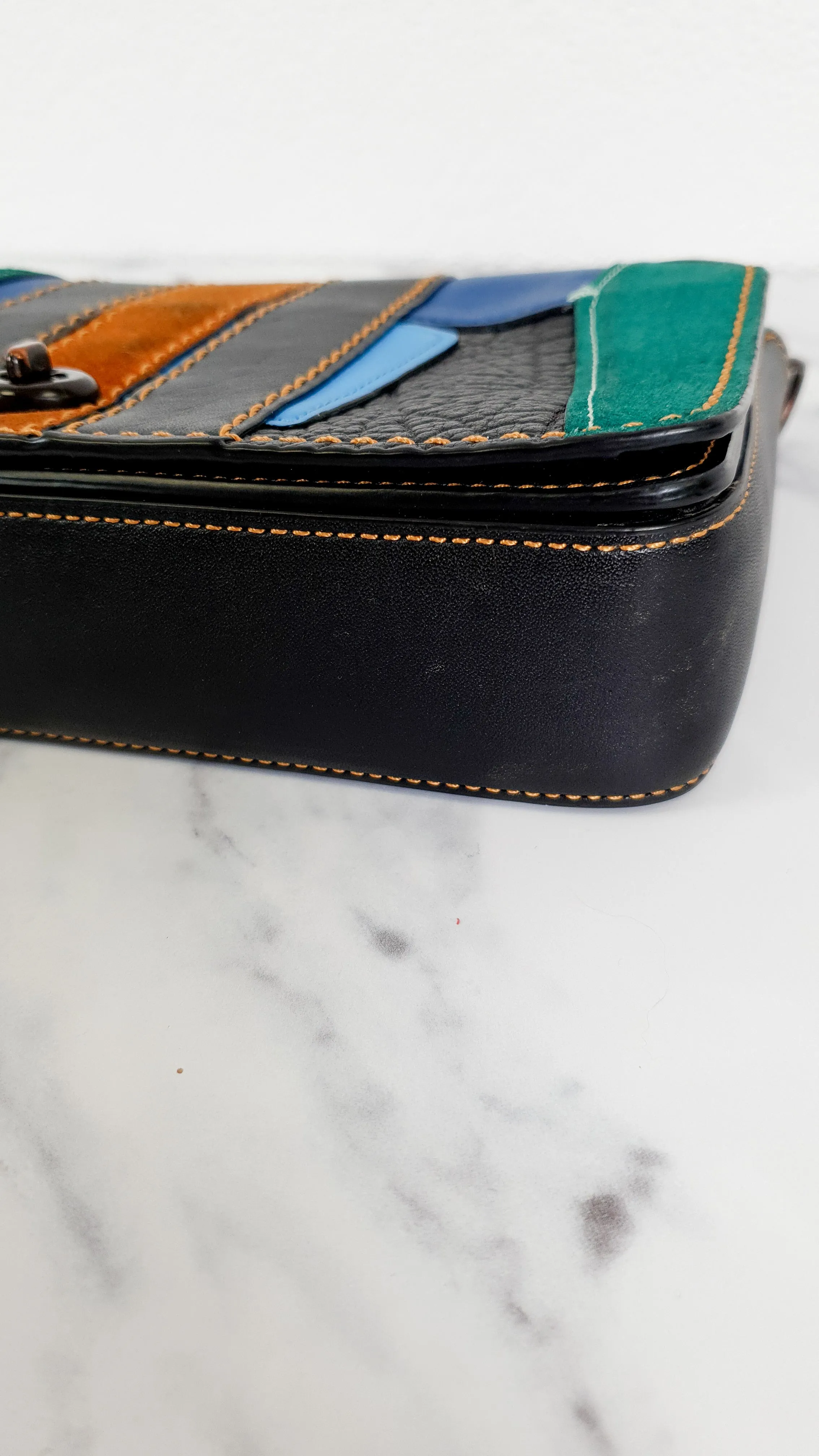 Coach 1941 Dinky Crossbody Bag With Varsity Patchwork Leather & Suede in Black, Green, Blue & Tan - Coach 54540