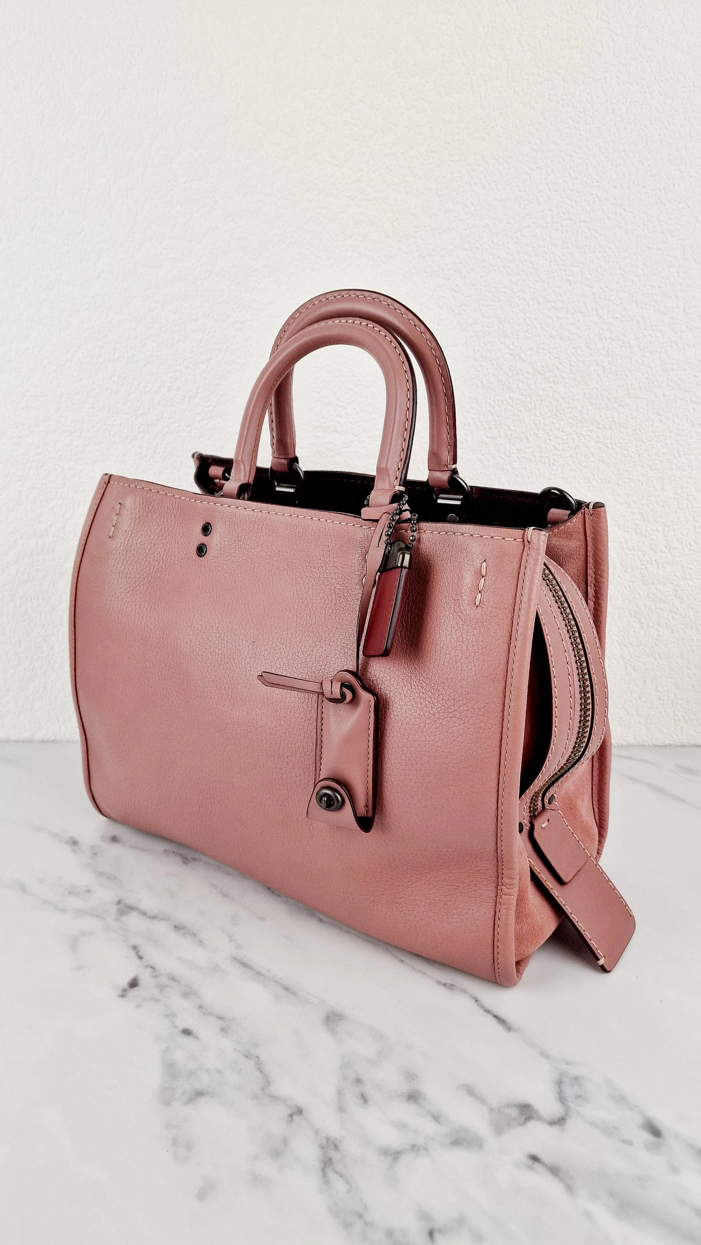 Coach 1941 Rogue 31 Dusty Rose Pink Mixed Leather Burgundy Suede - Satchel Handbag 23755