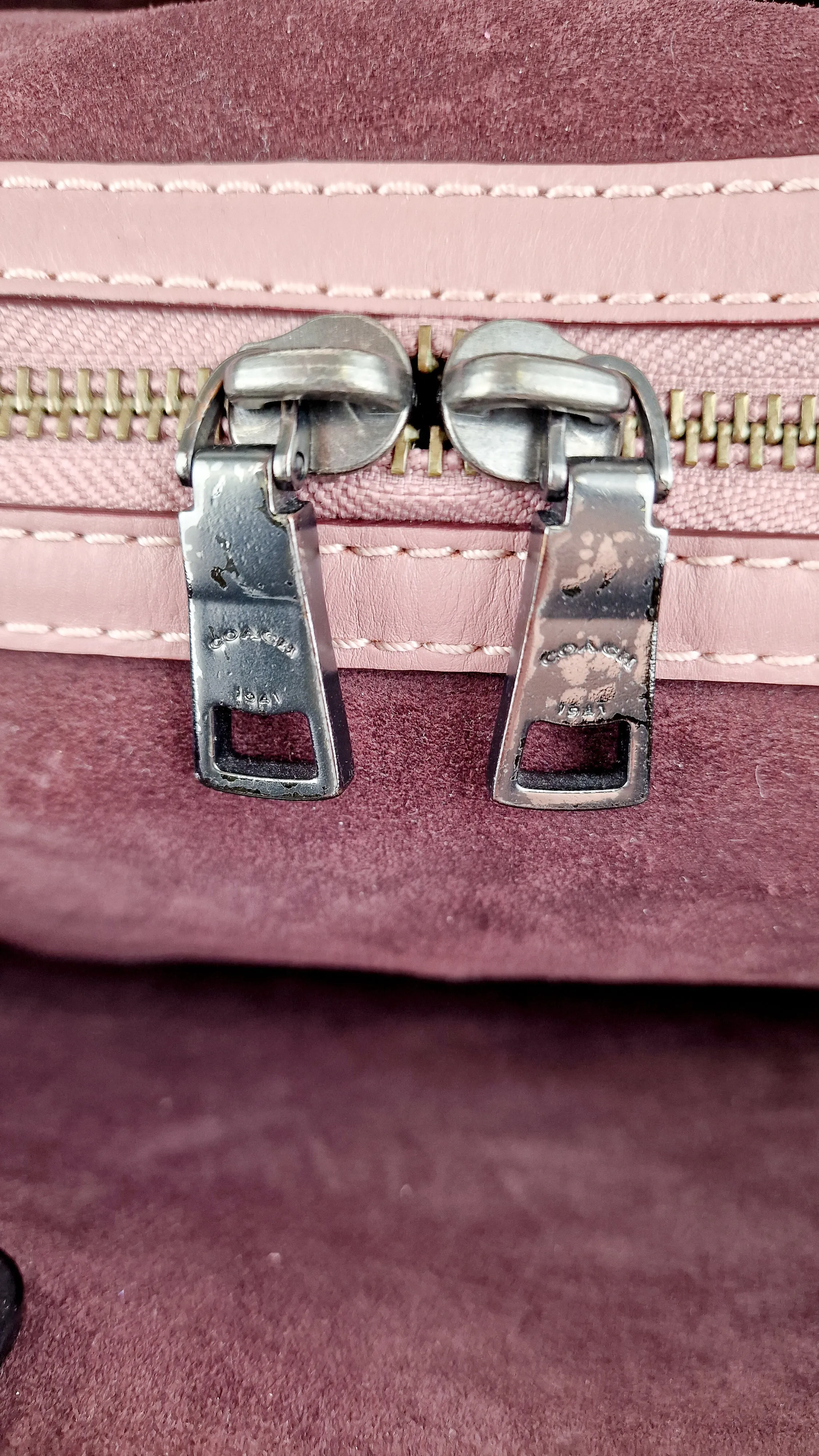 Coach 1941 Rogue 31 Dusty Rose Pink Mixed Leather Burgundy Suede - Satchel Handbag 23755
