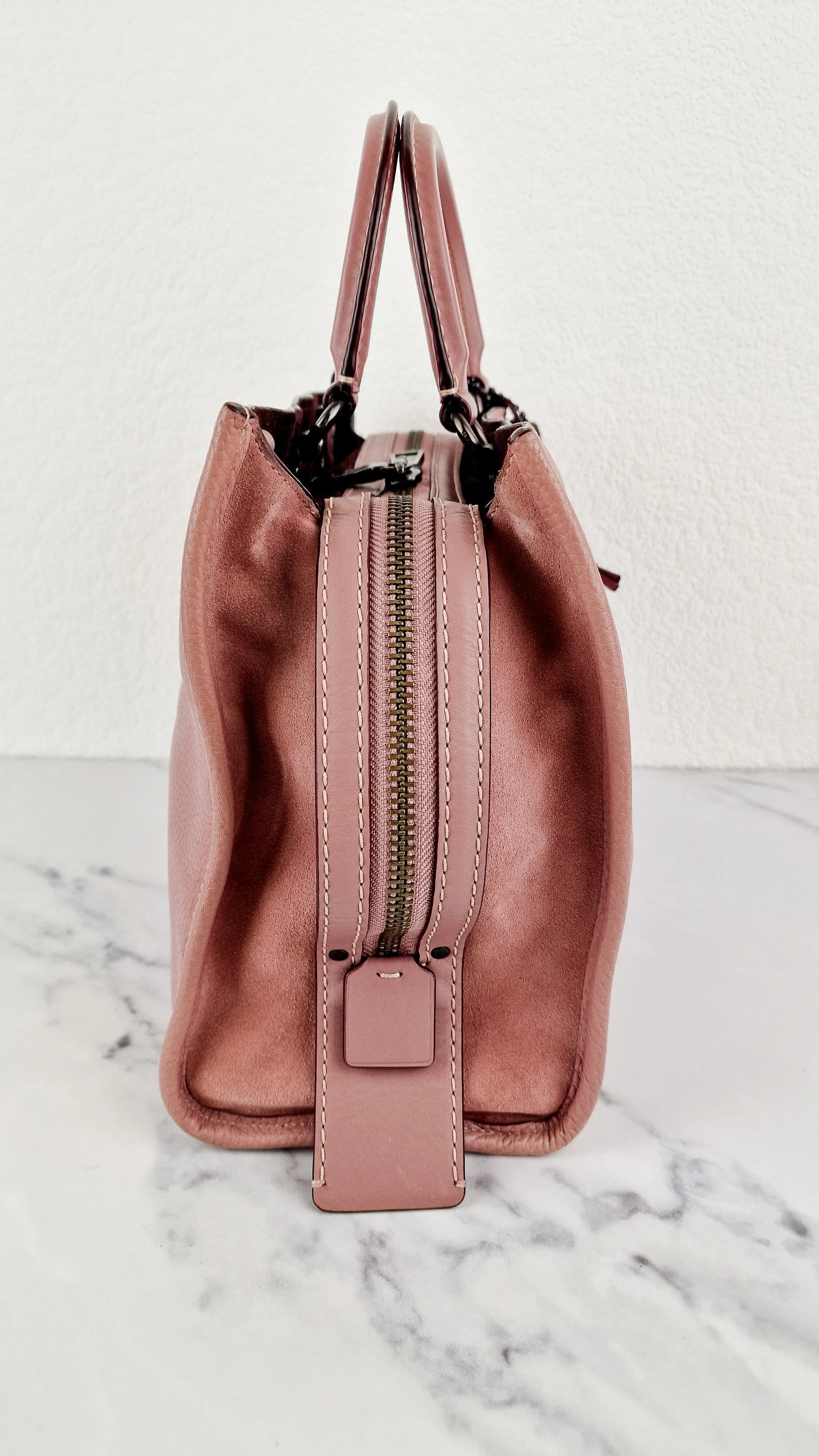 Coach 1941 Rogue 31 Dusty Rose Pink Mixed Leather Burgundy Suede - Satchel Handbag 23755