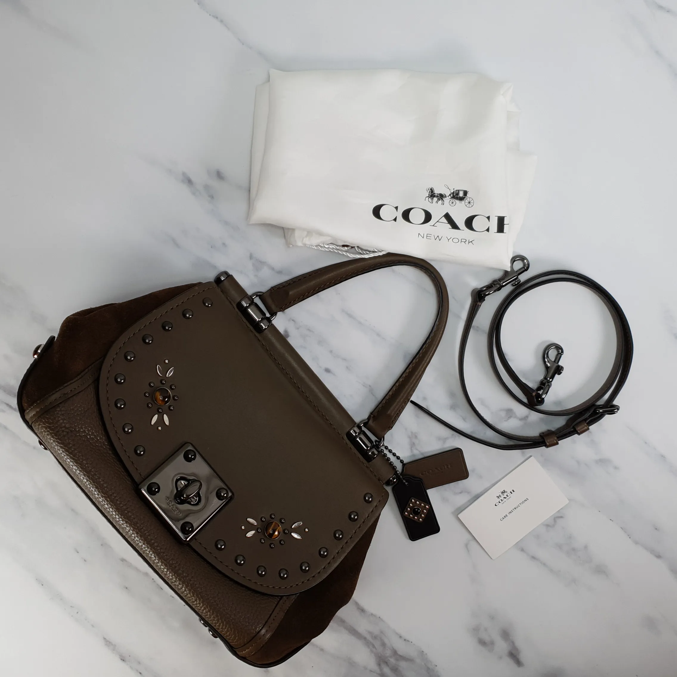 Coach Drifter With Western Rivets & Top Handle in Mixed Leather Fatigue Brown Suede