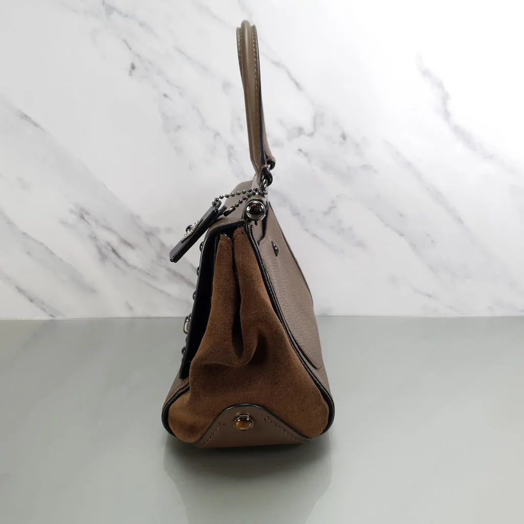 Coach Drifter With Western Rivets & Top Handle in Mixed Leather Fatigue Brown Suede
