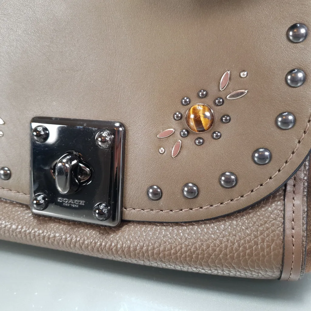 Coach Drifter With Western Rivets & Top Handle in Mixed Leather Fatigue Brown Suede