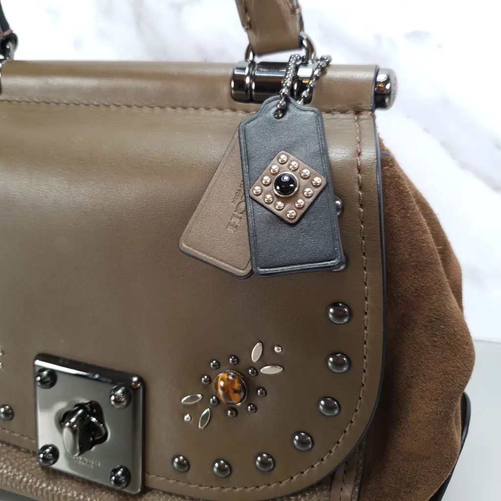 Coach Drifter With Western Rivets & Top Handle in Mixed Leather Fatigue Brown Suede