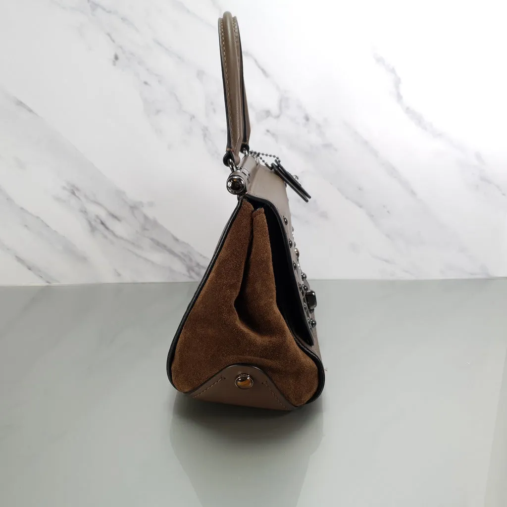 Coach Drifter With Western Rivets & Top Handle in Mixed Leather Fatigue Brown Suede
