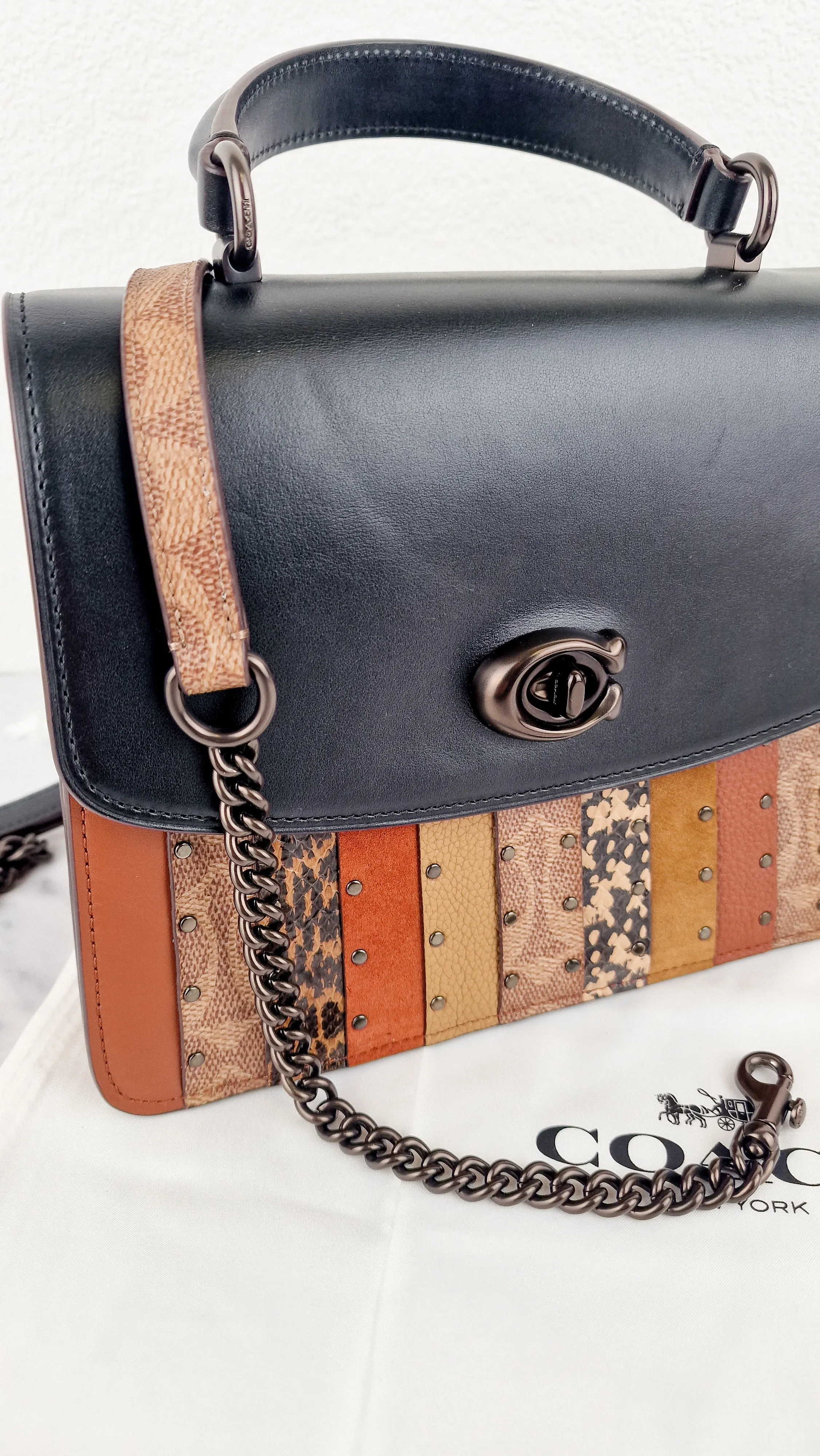 Coach Parker Top Handle With Signature Canvas Patchwork Stripes And Snakeskin Detail - Coach 79269