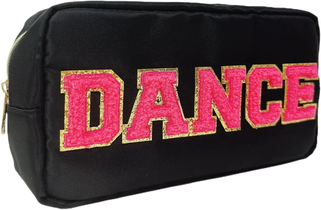 Dance Recital Gifts Letter Patch Nylon Makeup Bag Dance Teacher Appreciation Gifts Dance Makeup Bag Chenille Varsity Letter Cosmetic Toiletry Zipper Pouch Bag for Women Girls(Dance-black)
