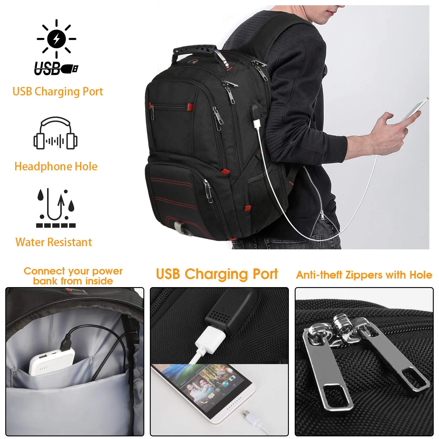Extra Large Backpack,Travel Laptop Backpack TSA Friendly Durable Computer Backpack with USB Charging Port for Men&Women,Water-Resistant Big Business College School Bookbag Fits 17 Inch Laptop&Notebook