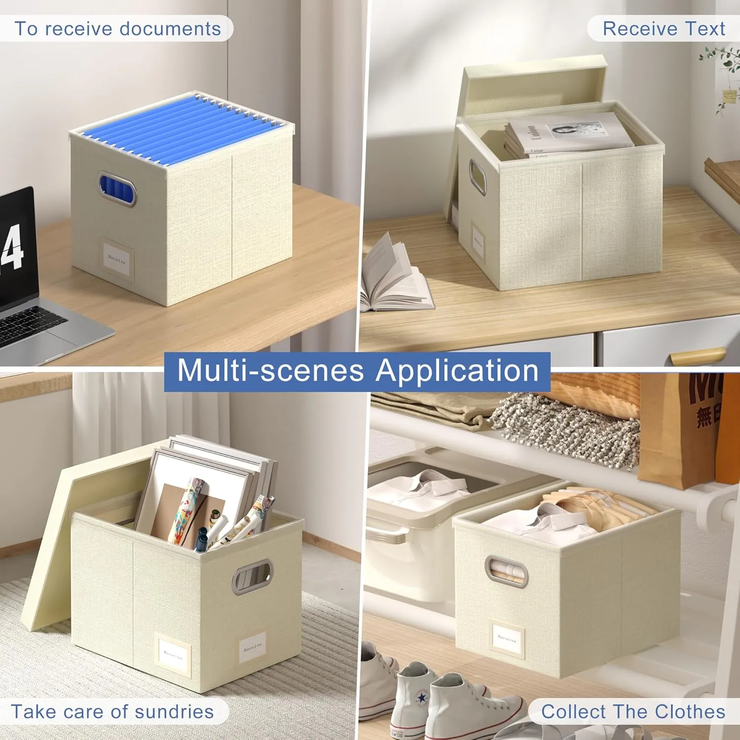 File Organizer Box File Boxes for Hanging Files with Lid Set of 3 Decorative Hanging Folders Organizer with One-Piece Plastic Frame Slides (13.2 * 10.1 * 10.1in(3Pack), Beige)
