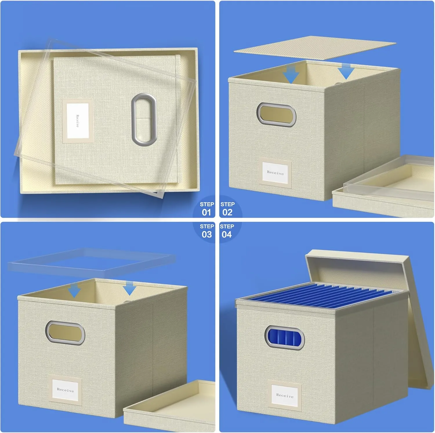 File Organizer Box File Boxes for Hanging Files with Lid Set of 3 Decorative Hanging Folders Organizer with One-Piece Plastic Frame Slides (13.2 * 10.1 * 10.1in(3Pack), Beige)