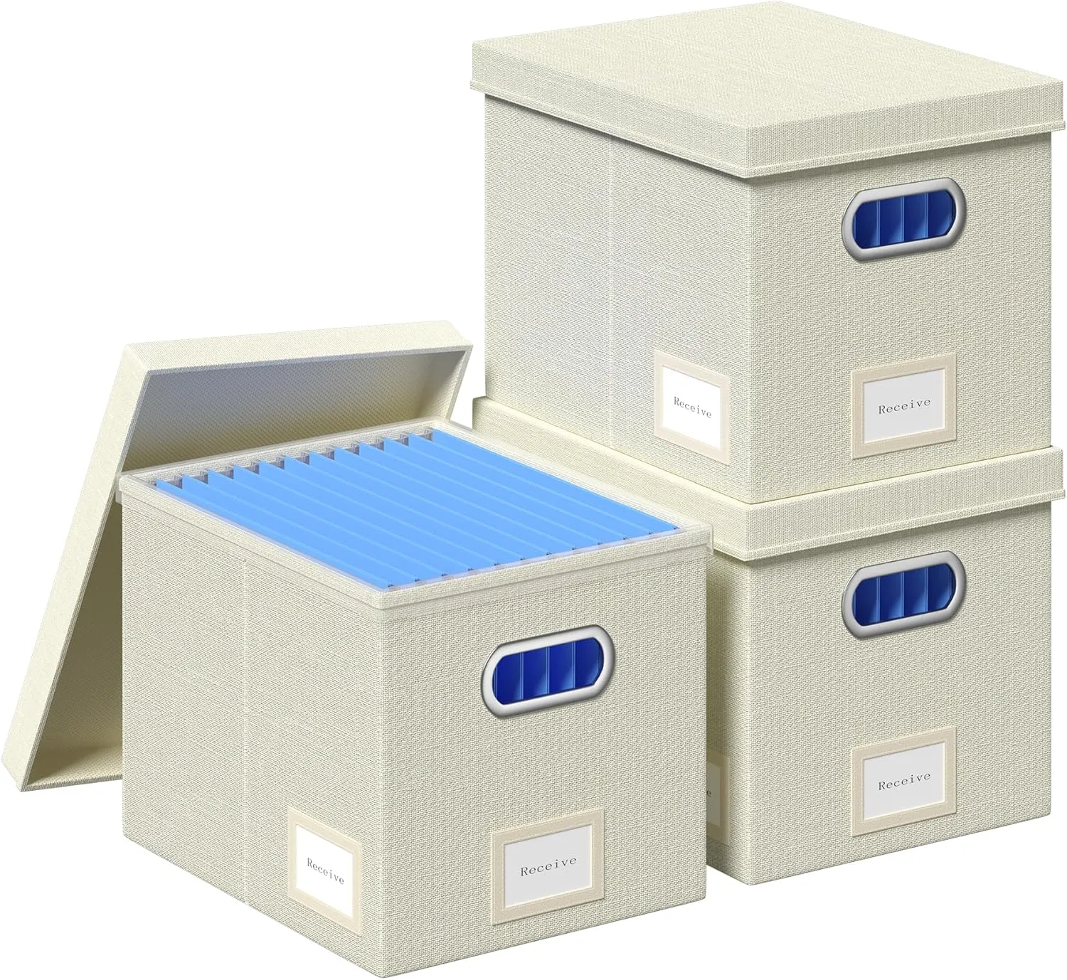 File Organizer Box File Boxes for Hanging Files with Lid Set of 3 Decorative Hanging Folders Organizer with One-Piece Plastic Frame Slides (13.2 * 10.1 * 10.1in(3Pack), Beige)