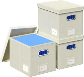 File Organizer Box File Boxes for Hanging Files with Lid Set of 3 Decorative Hanging Folders Organizer with One-Piece Plastic Frame Slides (13.2 * 10.1 * 10.1in(3Pack), Beige)