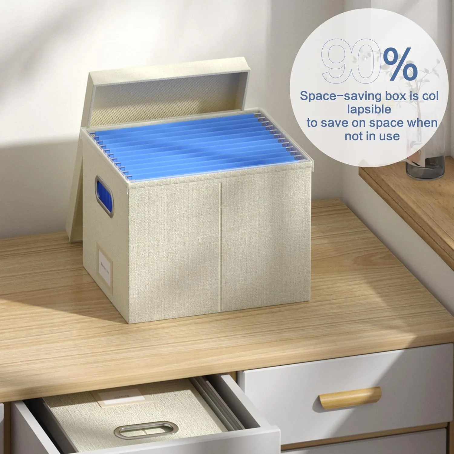 File Organizer Box File Boxes for Hanging Files with Lid Set of 3 Decorative Hanging Folders Organizer with One-Piece Plastic Frame Slides (13.2 * 10.1 * 10.1in(3Pack), Beige)