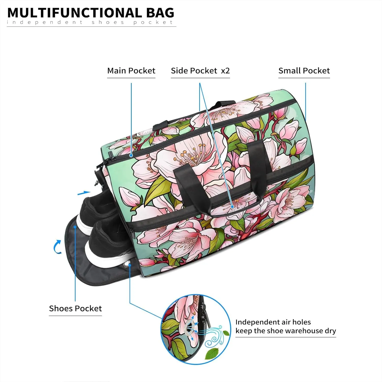 Gym Bag for Women Men, Yoga Bag with Shoe Pocket, Travel Duffel Tote Bag for Plane, Workout, Swimming, Weekend Overnight Bag Carry on Bag Hospital Holdalls, Cute Peach Blossom - 2