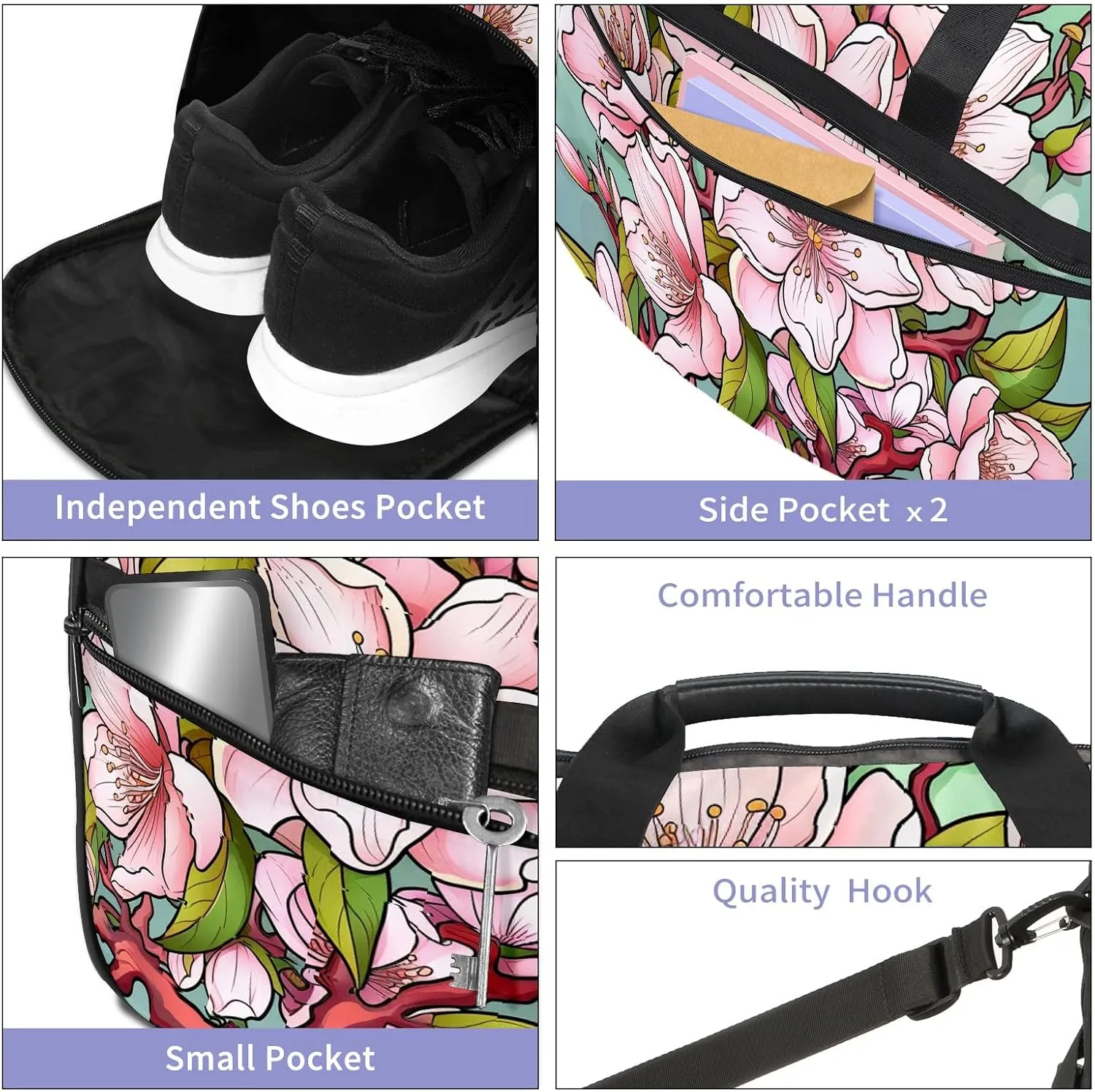 Gym Bag for Women Men, Yoga Bag with Shoe Pocket, Travel Duffel Tote Bag for Plane, Workout, Swimming, Weekend Overnight Bag Carry on Bag Hospital Holdalls, Cute Peach Blossom - 2