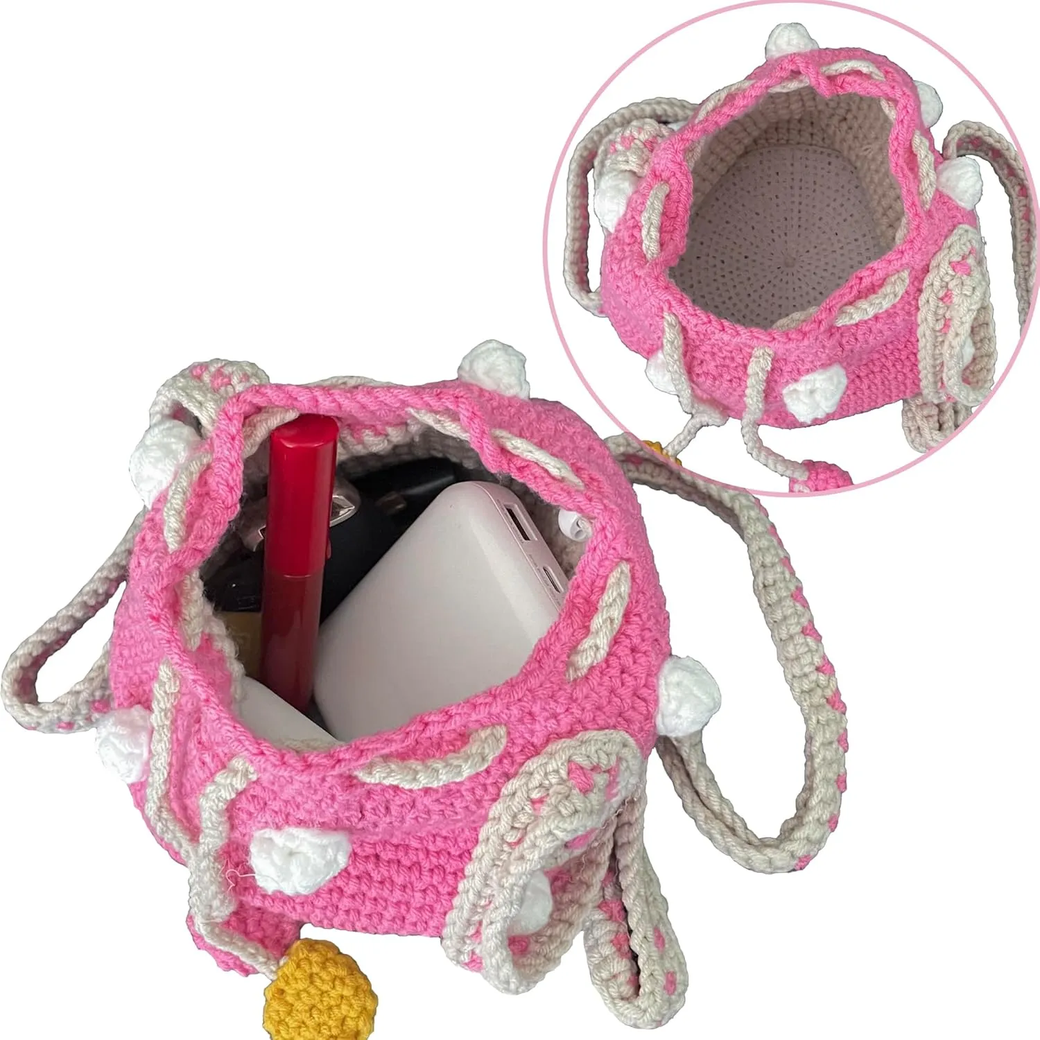 Handmade Knitted Purse Wool Knitted Mushroom Shoulder Bag for Women Crossbody Bucket Bag with Drawstring