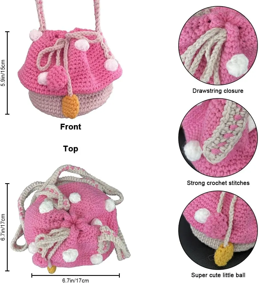 Handmade Knitted Purse Wool Knitted Mushroom Shoulder Bag for Women Crossbody Bucket Bag with Drawstring