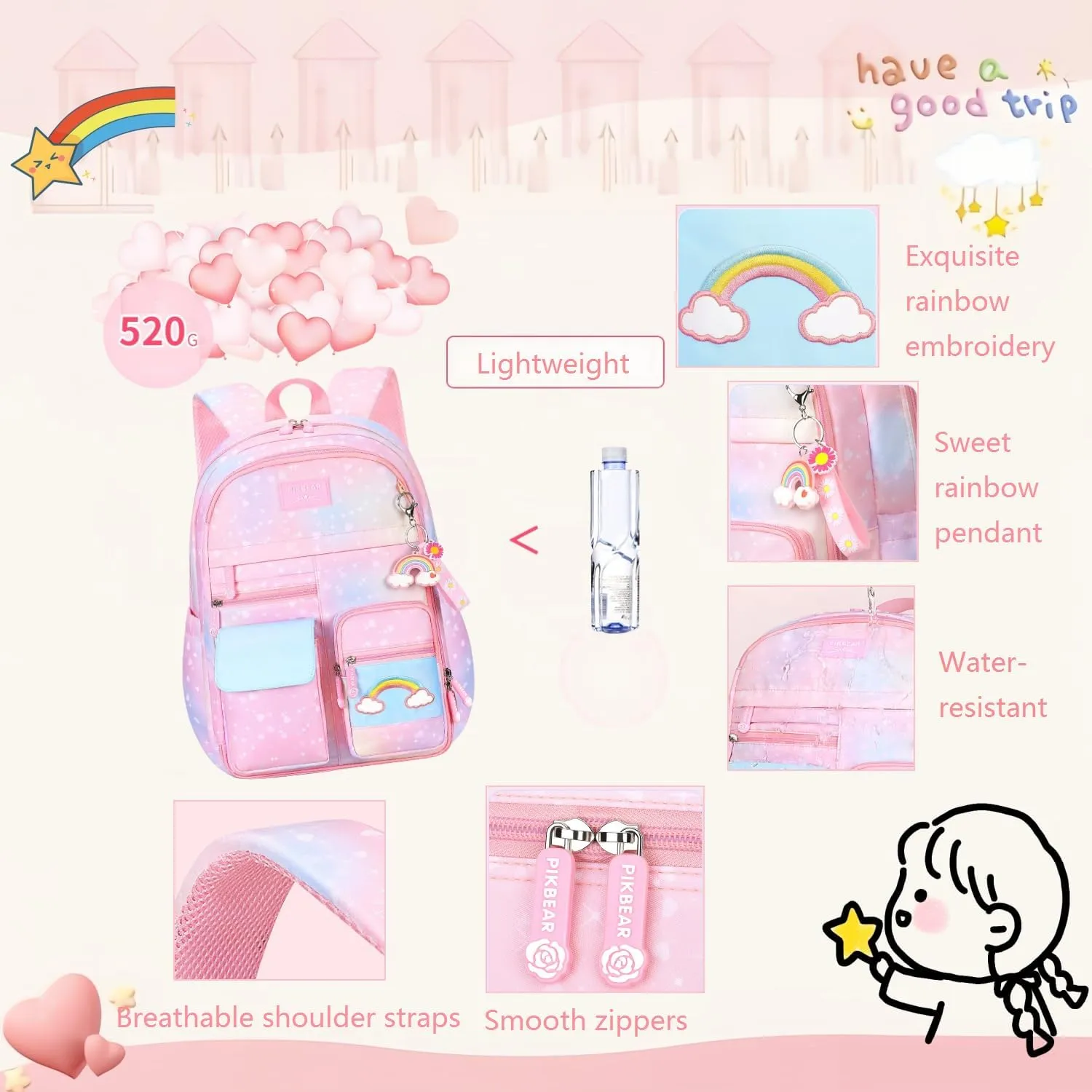 Heart Star Print Purple Girls Backpack for Elementary School Kids Bookbag with Chest Buckle Rainbow Backpack with Multi-Pockets