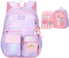 Heart Star Print Purple Girls Backpack for Elementary School Kids Bookbag with Chest Buckle Rainbow Backpack with Multi-Pockets