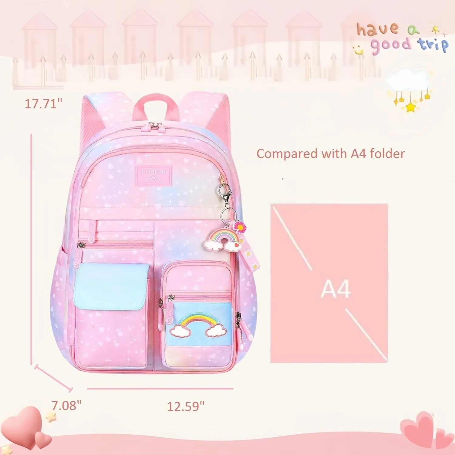 Heart Star Print Purple Girls Backpack for Elementary School Kids Bookbag with Chest Buckle Rainbow Backpack with Multi-Pockets