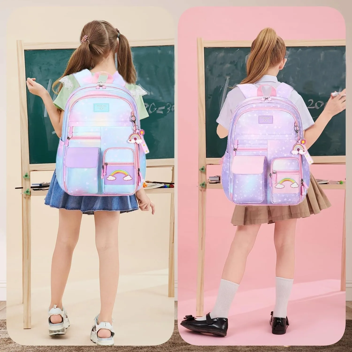 Heart Star Print Purple Girls Backpack for Elementary School Kids Bookbag with Chest Buckle Rainbow Backpack with Multi-Pockets