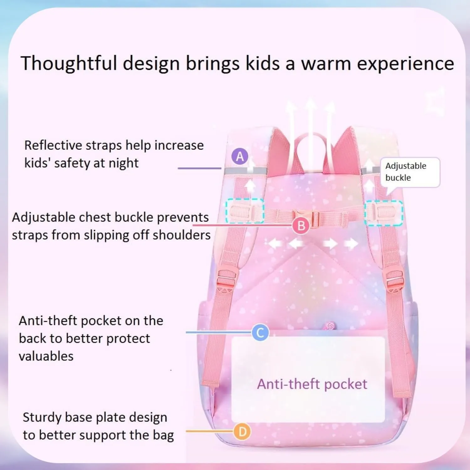 Heart Star Print Purple Girls Backpack for Elementary School Kids Bookbag with Chest Buckle Rainbow Backpack with Multi-Pockets