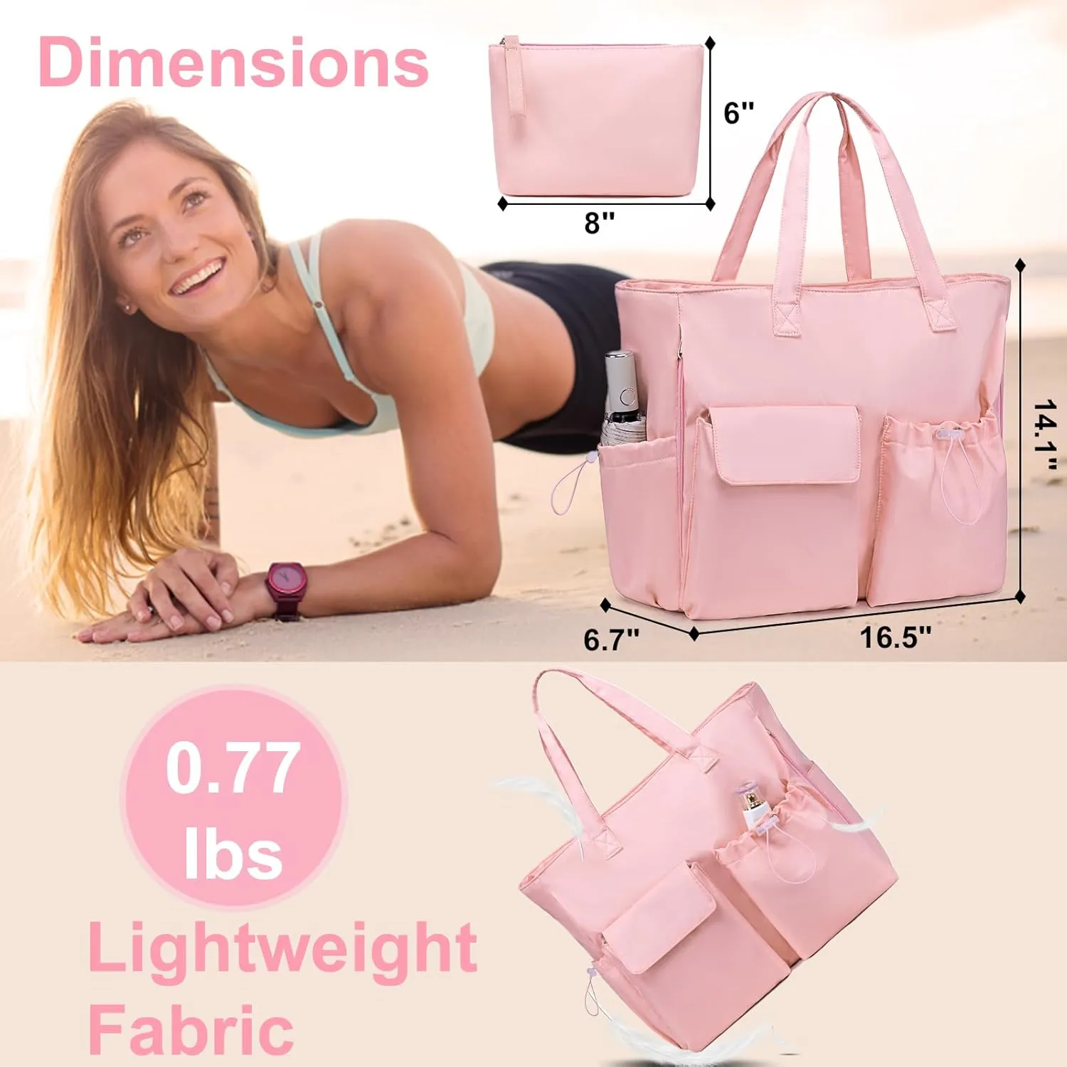 LEDAOU Beach Bag for Women Waterproof Sandproof Tote Bag Pool Bag with Zipper for Gym Shopping Travel with Wet Pocket