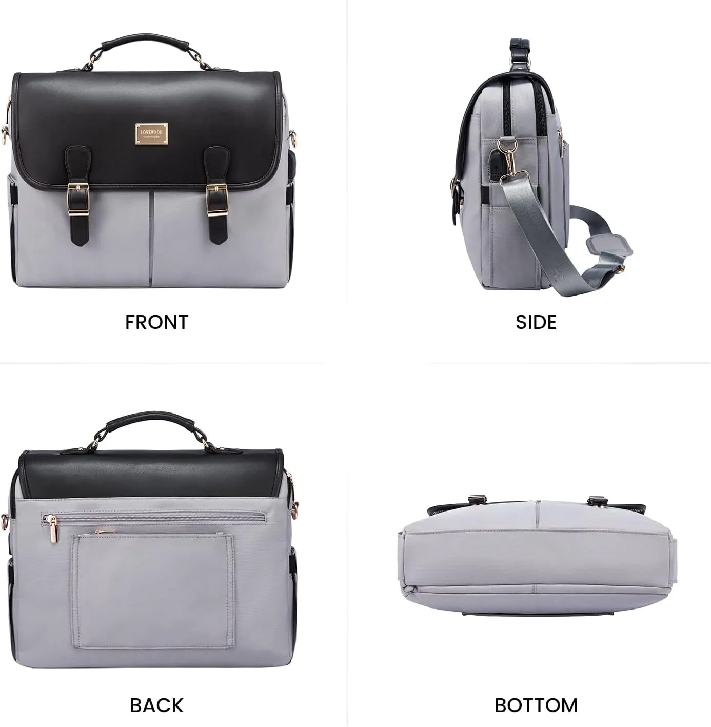 LOVEVOOK Laptop Bag for Women, 15.6 inch Large Capacity Computer Briefcase Sleeve Case, Messenger Shoulder Bag Office Business Work Purse Tote Bags for Women Travel Gifts, Black-grey