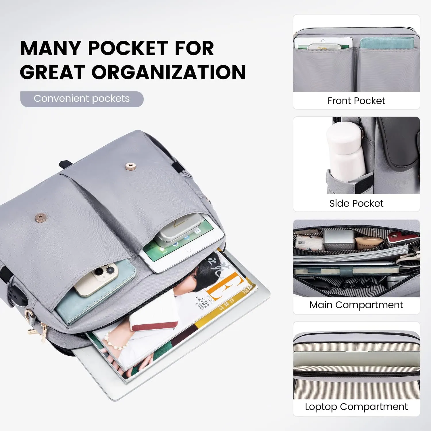 LOVEVOOK Laptop Bag for Women, 15.6 inch Large Capacity Computer Briefcase Sleeve Case, Messenger Shoulder Bag Office Business Work Purse Tote Bags for Women Travel Gifts, Black-grey