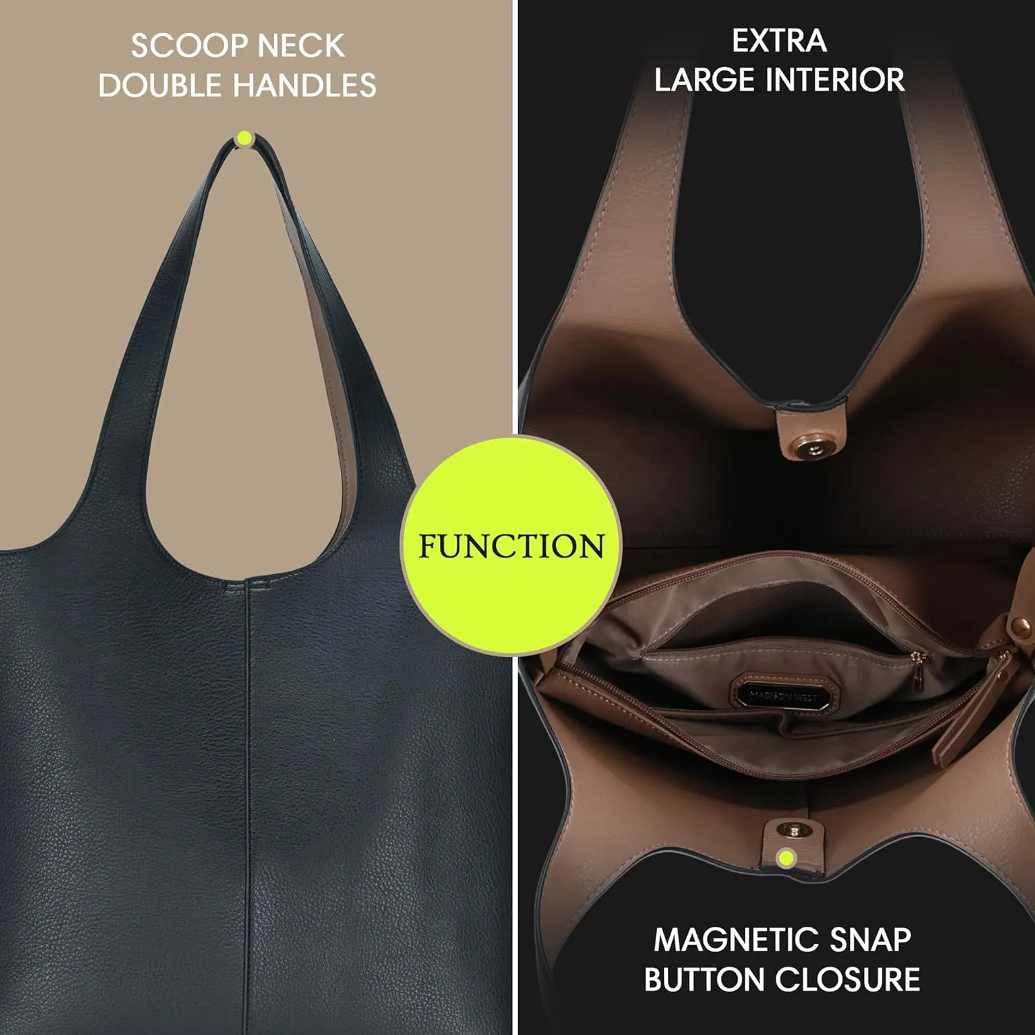 Madison West Elle Tote | Vegan Leather Tote Bags for Women with Double Handles and Scoop neck | 17.5" L x 6" W x 13" H