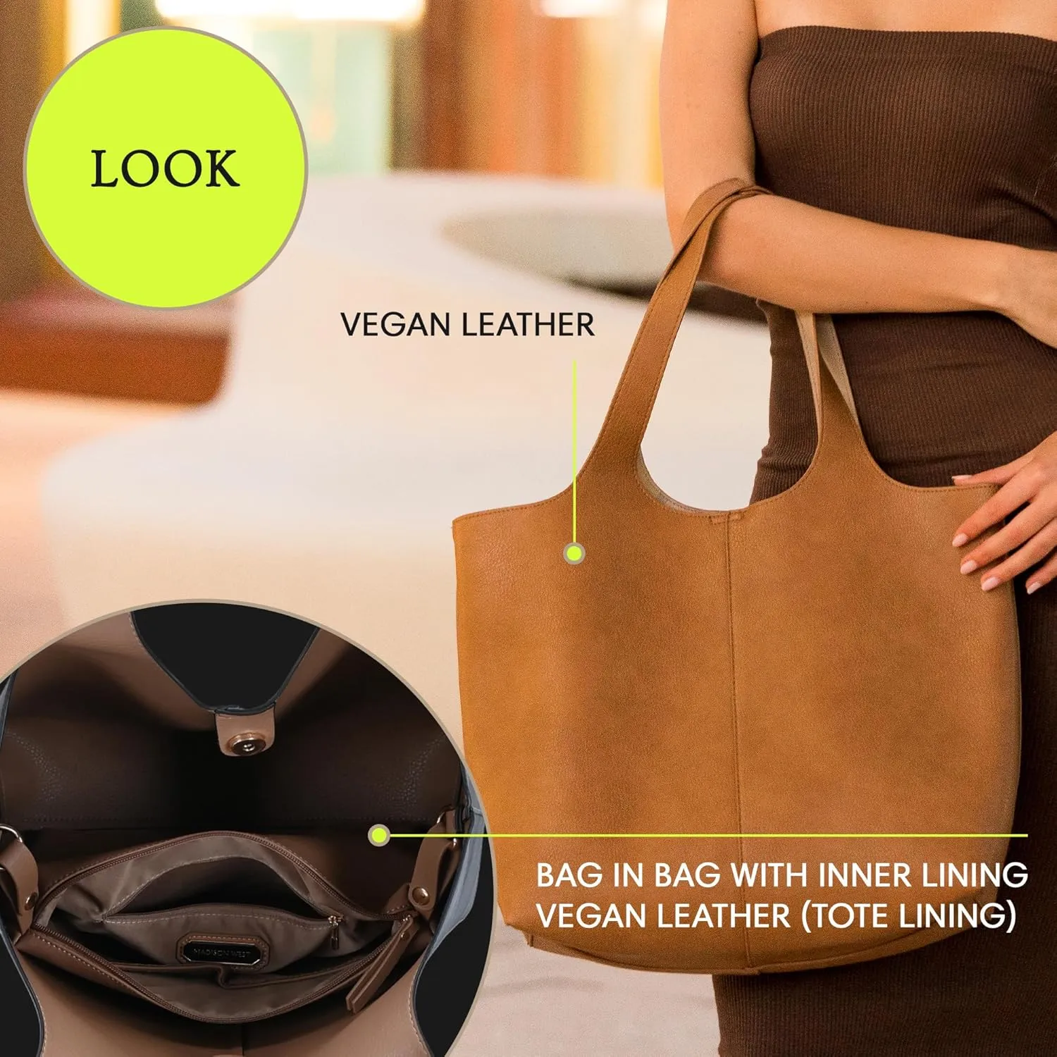 Madison West Elle Tote | Vegan Leather Tote Bags for Women with Double Handles and Scoop neck | 17.5" L x 6" W x 13" H