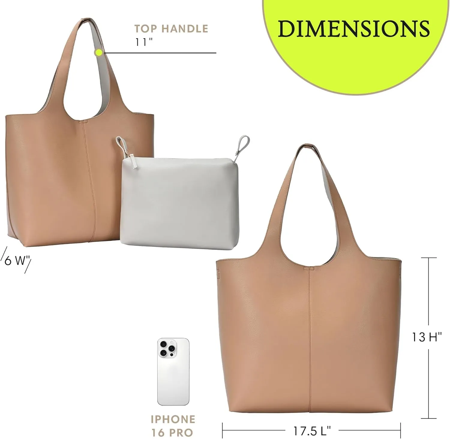 Madison West Elle Tote | Vegan Leather Tote Bags for Women with Double Handles and Scoop neck | 17.5" L x 6" W x 13" H