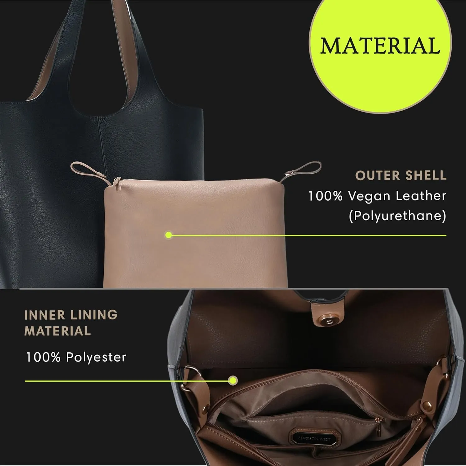 Madison West Elle Tote | Vegan Leather Tote Bags for Women with Double Handles and Scoop neck | 17.5" L x 6" W x 13" H