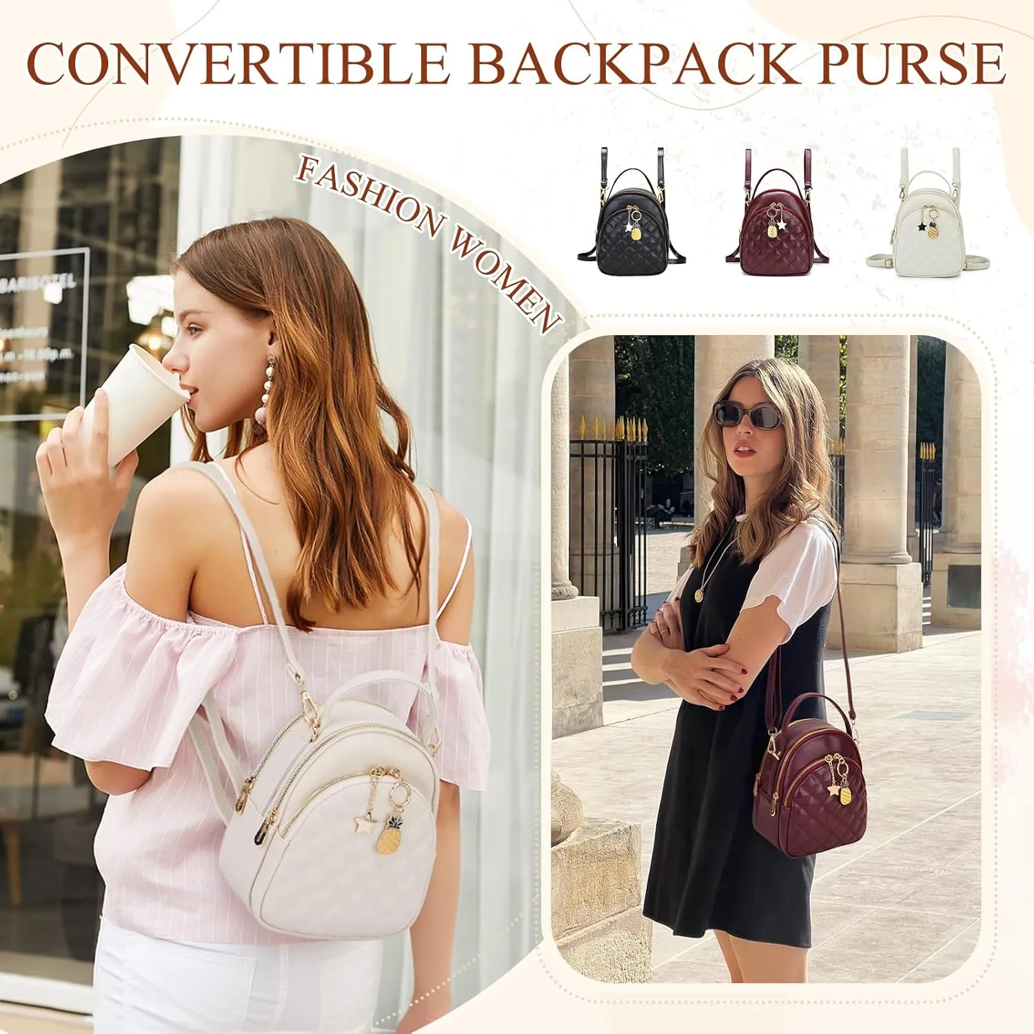 Mini Backpack Purse,VONXURY Fashion Small Leather Quilt Backpack Convertible Casual Travel Daypack for Women Ladies