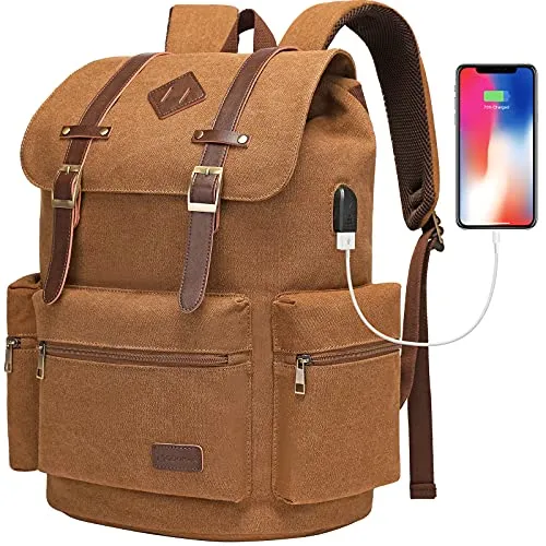 Modoker Mens Canvas Vintage Backpack for Men, Travel Laptop Backpack Fits 17/15.6 Inch Computer & Tablet, Large Bookbag Rucksack Backpack with USB Charging Port, Brown