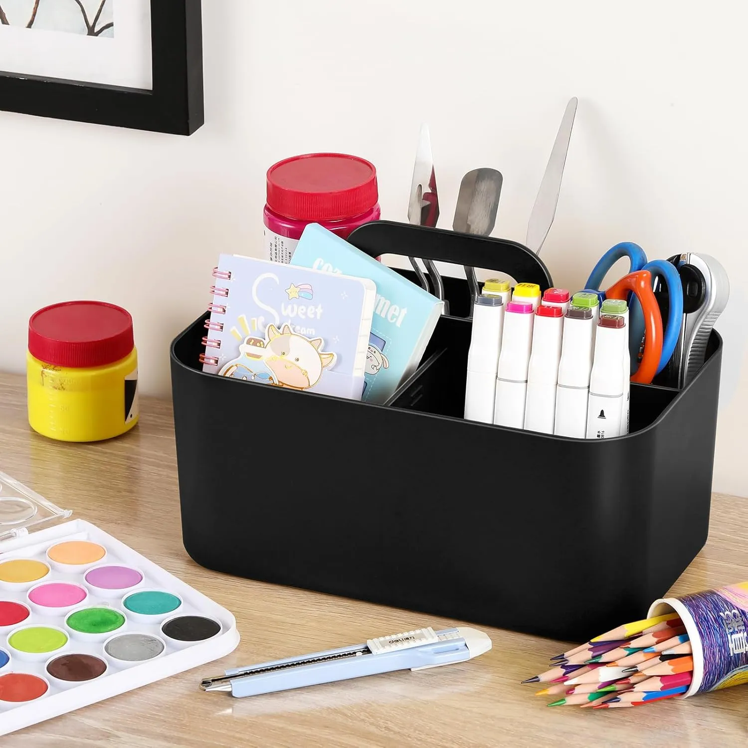 Multiuse Caddy Organizer with Handle - Stackable Plastic Tote Bin - Art Craft Supplies, Office, Desk, Stationery Pen Holder, Kitchen, Utensil, Makeup, Bathroom, Shower, Cleaning, Dorm Organizer -Black