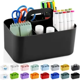 Multiuse Caddy Organizer with Handle - Stackable Plastic Tote Bin - Art Craft Supplies, Office, Desk, Stationery Pen Holder, Kitchen, Utensil, Makeup, Bathroom, Shower, Cleaning, Dorm Organizer -Black