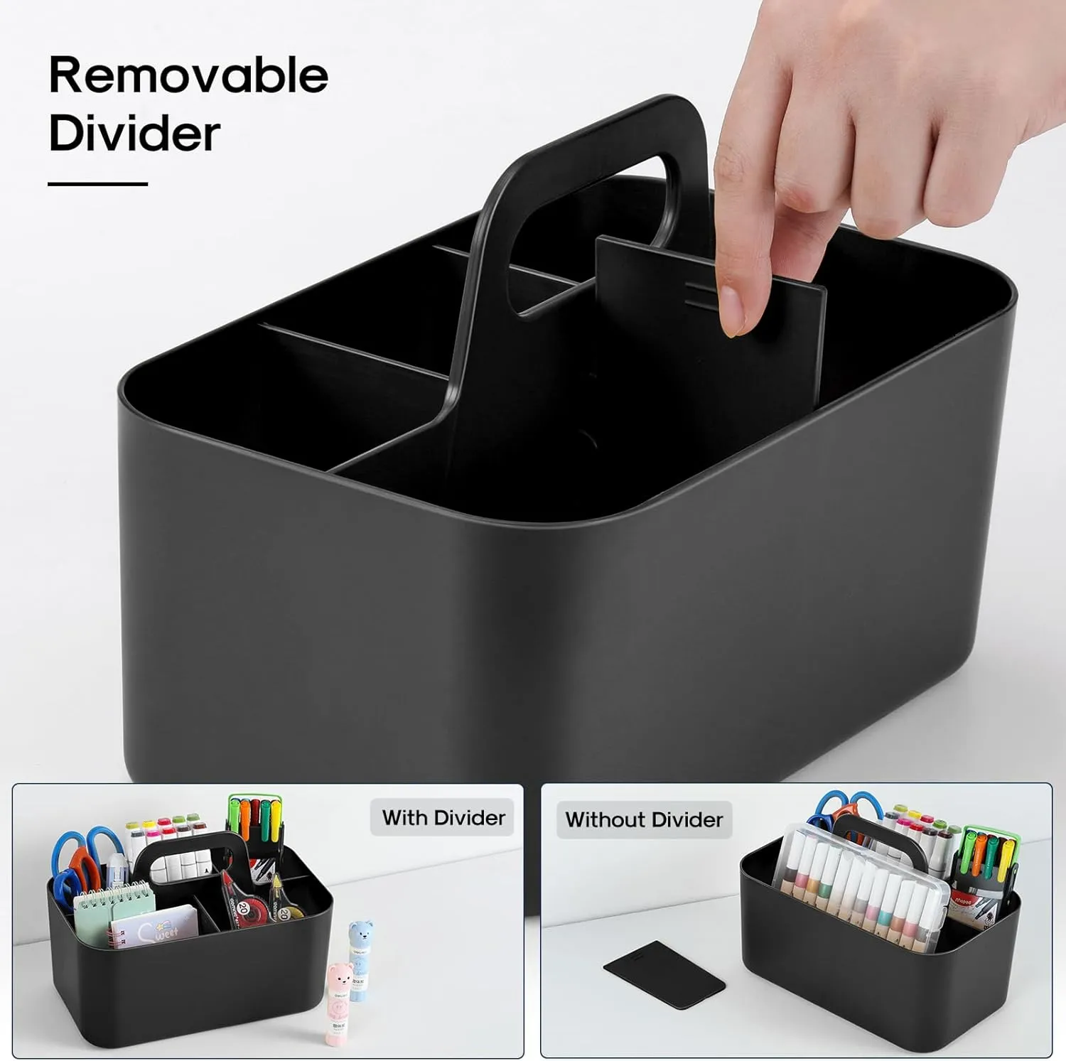 Multiuse Caddy Organizer with Handle - Stackable Plastic Tote Bin - Art Craft Supplies, Office, Desk, Stationery Pen Holder, Kitchen, Utensil, Makeup, Bathroom, Shower, Cleaning, Dorm Organizer -Black