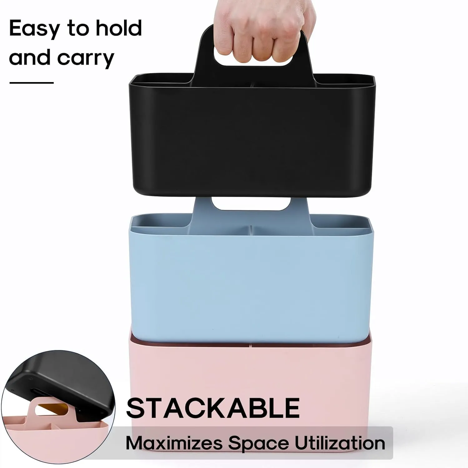 Multiuse Caddy Organizer with Handle - Stackable Plastic Tote Bin - Art Craft Supplies, Office, Desk, Stationery Pen Holder, Kitchen, Utensil, Makeup, Bathroom, Shower, Cleaning, Dorm Organizer -Black