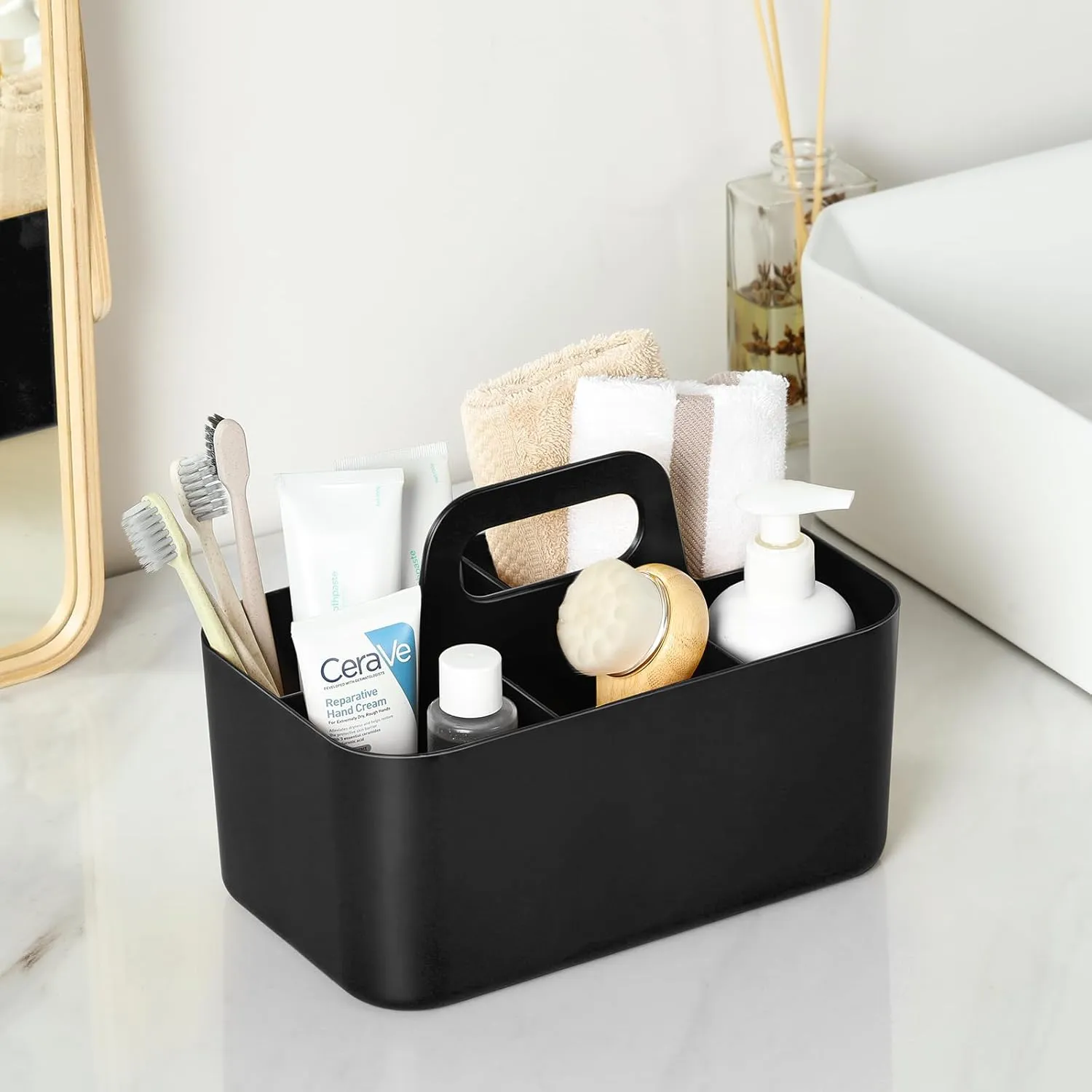 Multiuse Caddy Organizer with Handle - Stackable Plastic Tote Bin - Art Craft Supplies, Office, Desk, Stationery Pen Holder, Kitchen, Utensil, Makeup, Bathroom, Shower, Cleaning, Dorm Organizer -Black