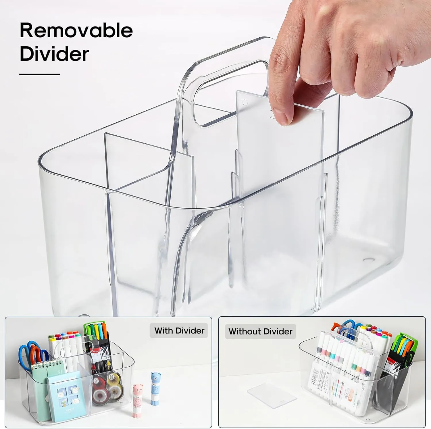 Multiuse Caddy Organizer with Handle - Stackable Plastic Tote Bin - Art Craft Supplies, Office, Desk, Stationery Pen Holder, Kitchen, Utensil, Makeup, Bathroom, Shower, Cleaning, Dorm Organizer -Clear