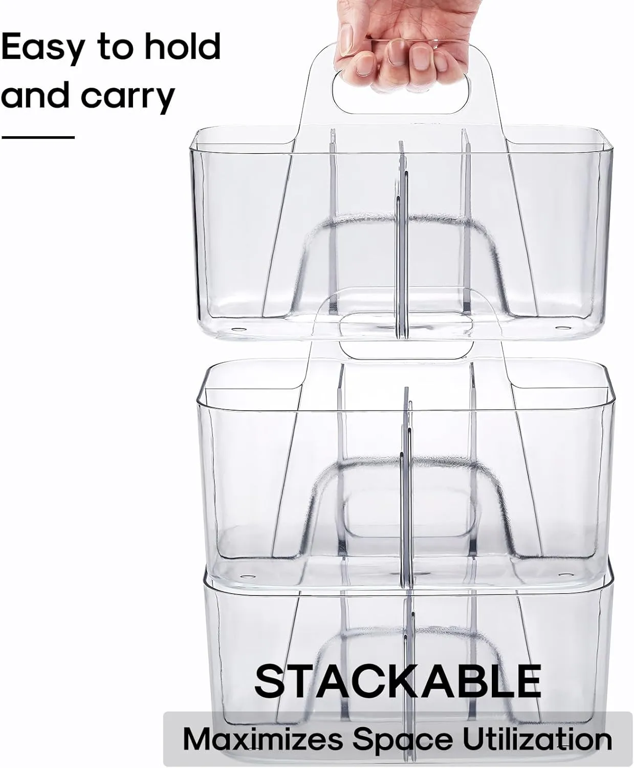 Multiuse Caddy Organizer with Handle - Stackable Plastic Tote Bin - Art Craft Supplies, Office, Desk, Stationery Pen Holder, Kitchen, Utensil, Makeup, Bathroom, Shower, Cleaning, Dorm Organizer -Clear