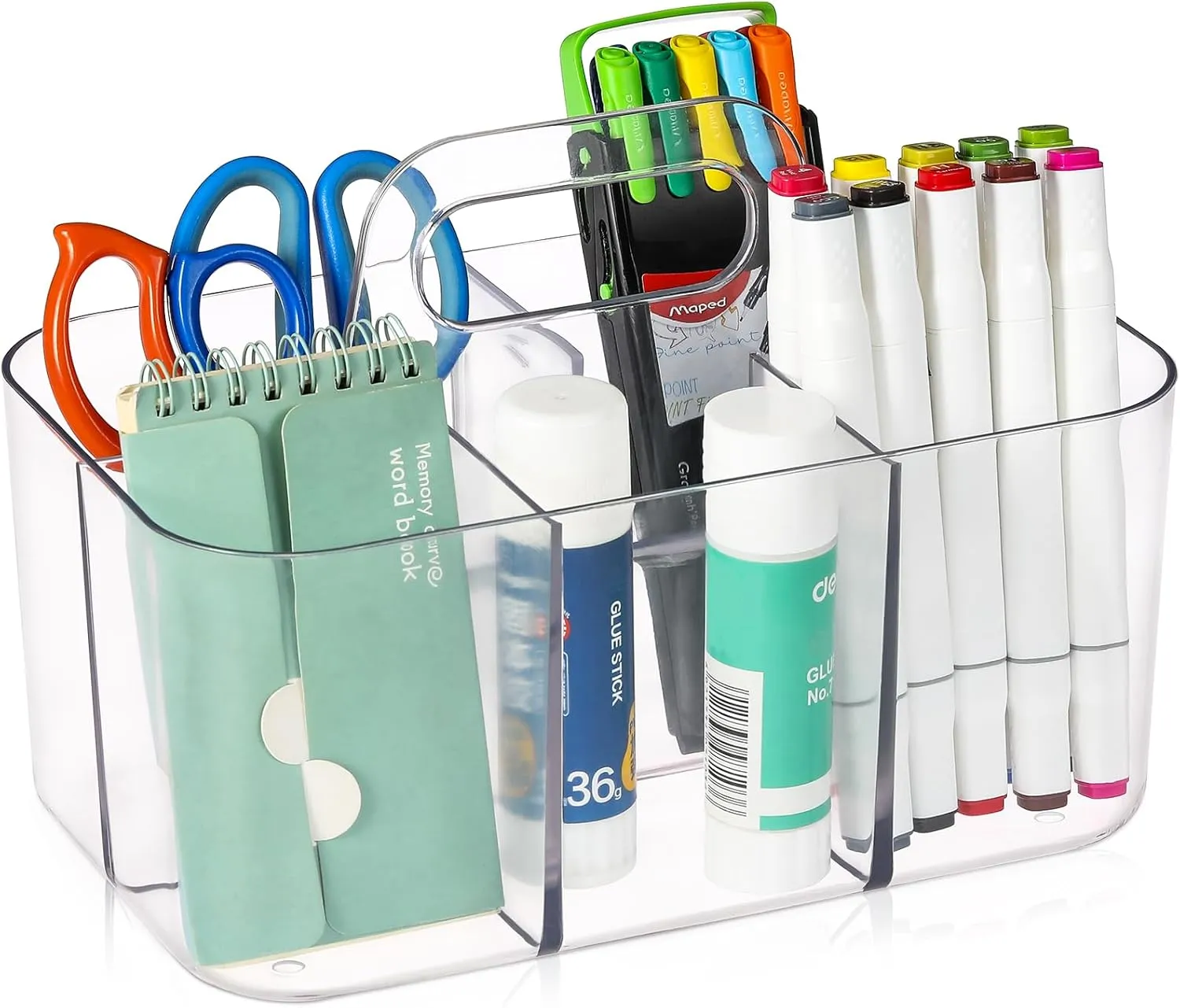 Multiuse Caddy Organizer with Handle - Stackable Plastic Tote Bin - Art Craft Supplies, Office, Desk, Stationery Pen Holder, Kitchen, Utensil, Makeup, Bathroom, Shower, Cleaning, Dorm Organizer -Clear