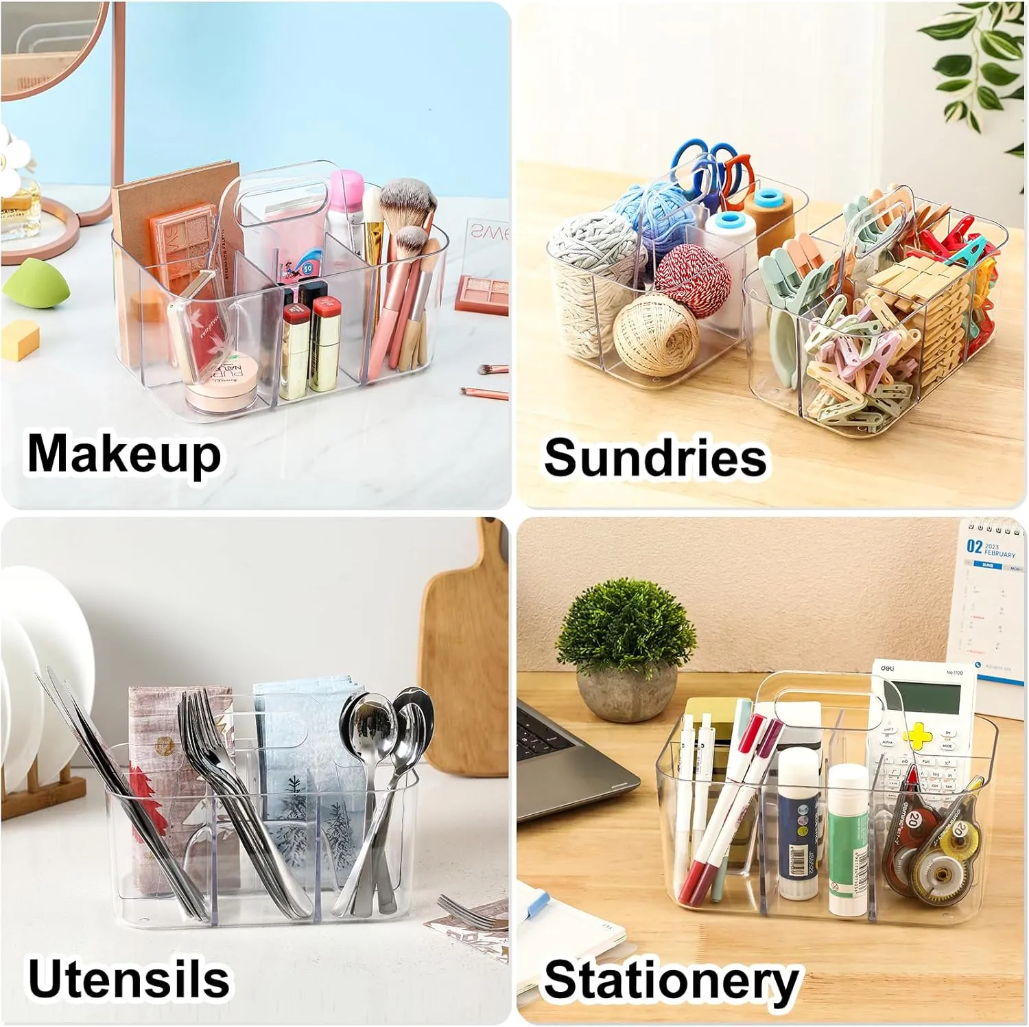 Multiuse Caddy Organizer with Handle - Stackable Plastic Tote Bin - Art Craft Supplies, Office, Desk, Stationery Pen Holder, Kitchen, Utensil, Makeup, Bathroom, Shower, Cleaning, Dorm Organizer -Clear