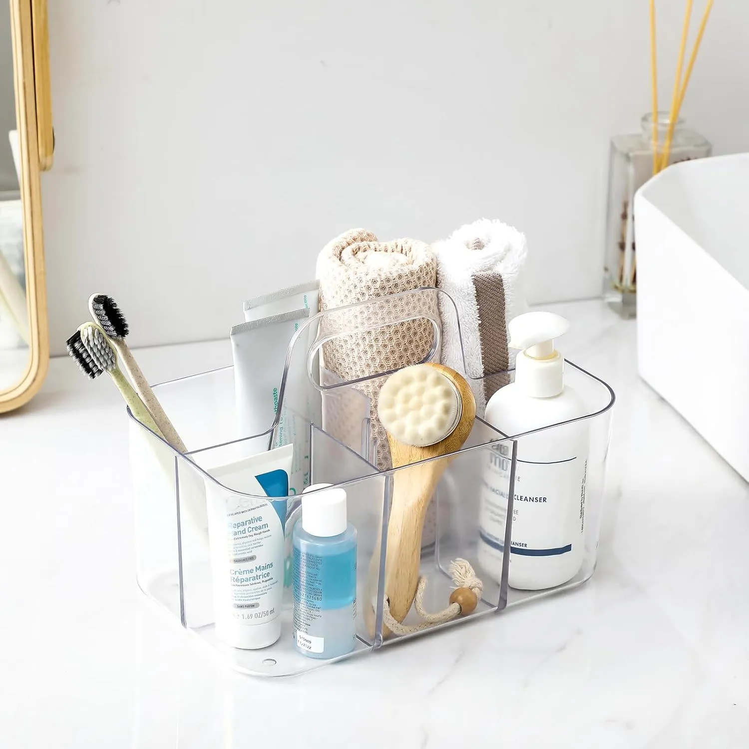Multiuse Caddy Organizer with Handle - Stackable Plastic Tote Bin - Art Craft Supplies, Office, Desk, Stationery Pen Holder, Kitchen, Utensil, Makeup, Bathroom, Shower, Cleaning, Dorm Organizer -Clear