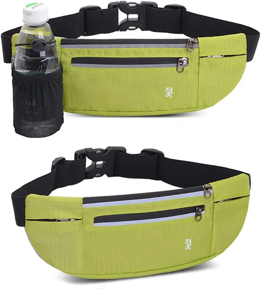 Peicees Fanny Pack with Water Bottle Holder Waist Bag for Men Women Water Resistant Lightweight Reflective Adjustable Running Belt Headphone Bag Travel Pocket for Outdoor Camping Fitness Hiking